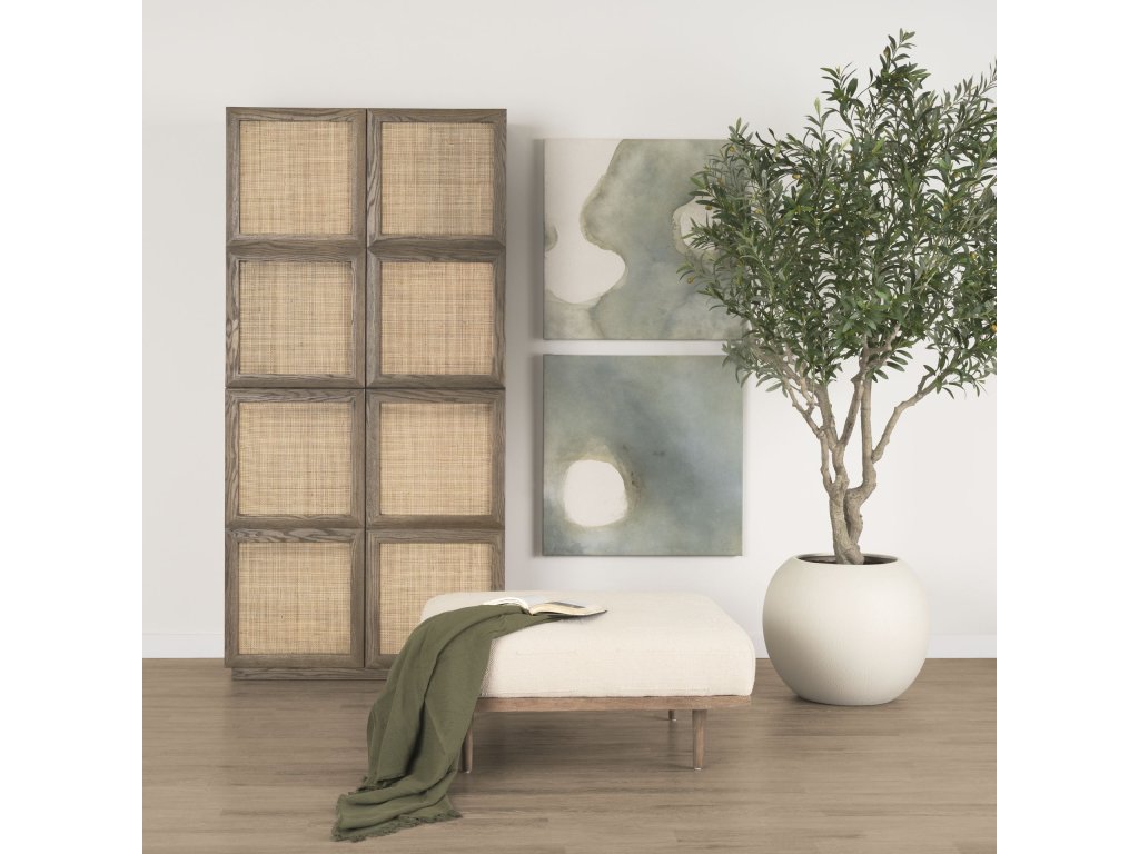 Brown Wood w/ Oatmeal Fabric Ottoman - image 1