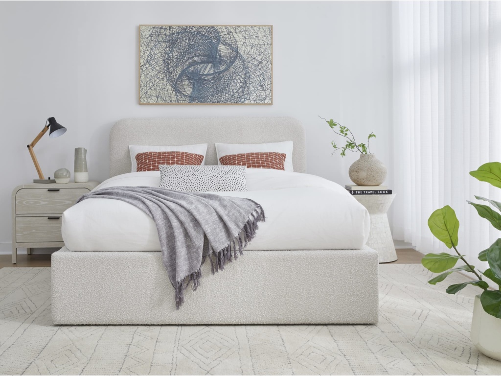 Off-White Upholstered Platform Bed in Ricotta Boucle - main image