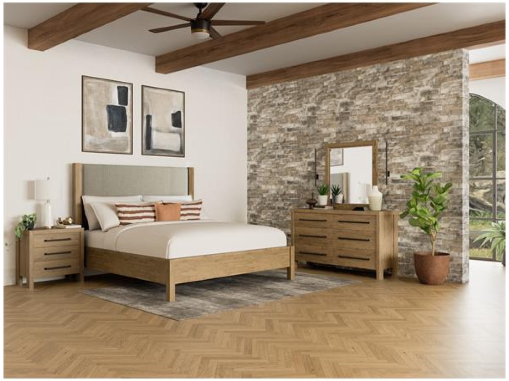 Queen Upholstered Bed- Pale Oak & Linen - image 4
