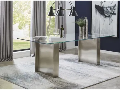 Omnia 84 inch Rectangular Dining Table Ultra Clear Glass and brushed Stainless Steel