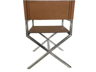 One Modern Coastal Director's Dining Arm Chair in Cognac and Brushed Stainless Steel
