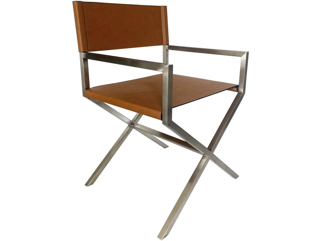 One Modern Coastal Director's Dining Arm Chair in Cognac and Brushed Stainless Steel - image 2