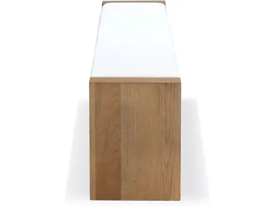 One Modern Coastal Slab Leg Upholstered Dining Bench in White Oak and White Pearl