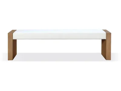 One Modern Coastal Slab Leg Upholstered Dining Bench in White Oak and White Pearl