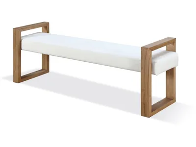 One Modern Coastal Sled Leg Upholstered Dining Bench in White Pearl and Bisque