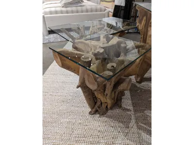 One Solid Teak Root Glass Top End Table