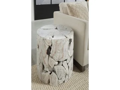 One Teak Slice Round End Table in Bleached Teak