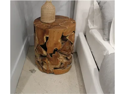One Teak Slice Round End Table in Warm Teak