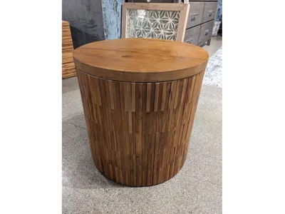 One Wood Tile Round End Table in Solid Teak