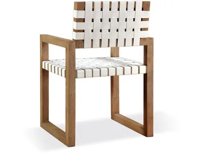 One Woven Leather and Solid Wood Dining Arm Chair in White and Bisque