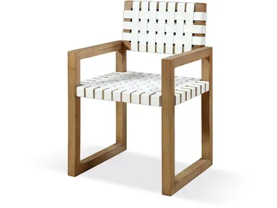 One Woven Leather and Solid Wood Dining Arm Chair in White and Bisque