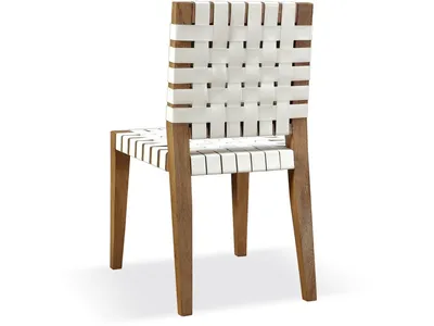 One Woven Leather and Solid Wood Dining Side Chair in White and Bisque
