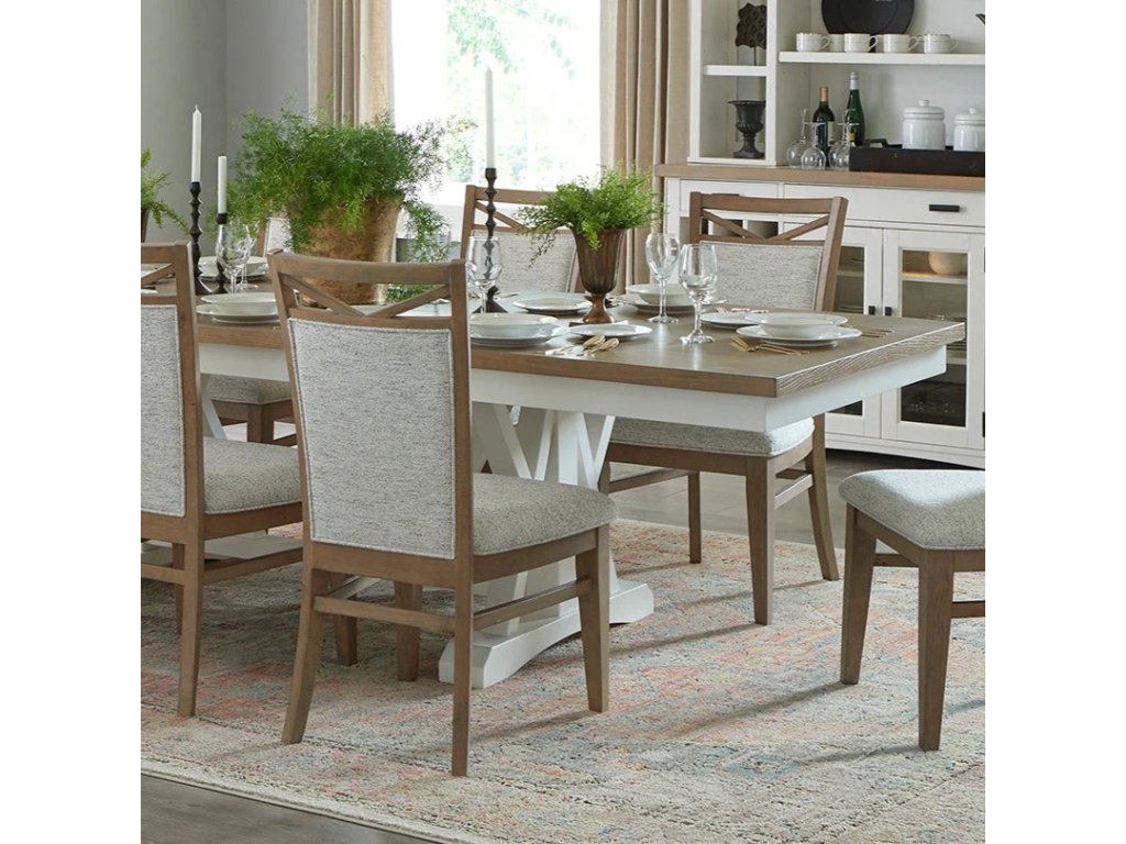 Americana Modern Dining 88-112" 2 Piece Trestle Table With 24" Butterfly Leaf & 8 Upholstered Chairs - main image