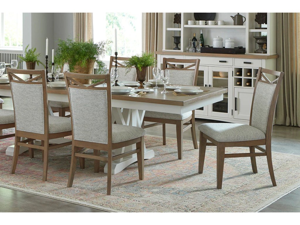 Americana Modern Dining 88-112" 2 Piece Trestle Table With 24" Butterfly Leaf & 8 Upholstered Chairs - image 1