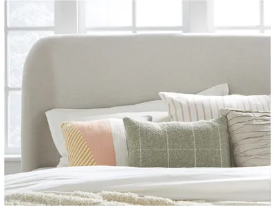 Penny Upholstered Platform Bed in Buff Cream Ash and Oatmeal Linen