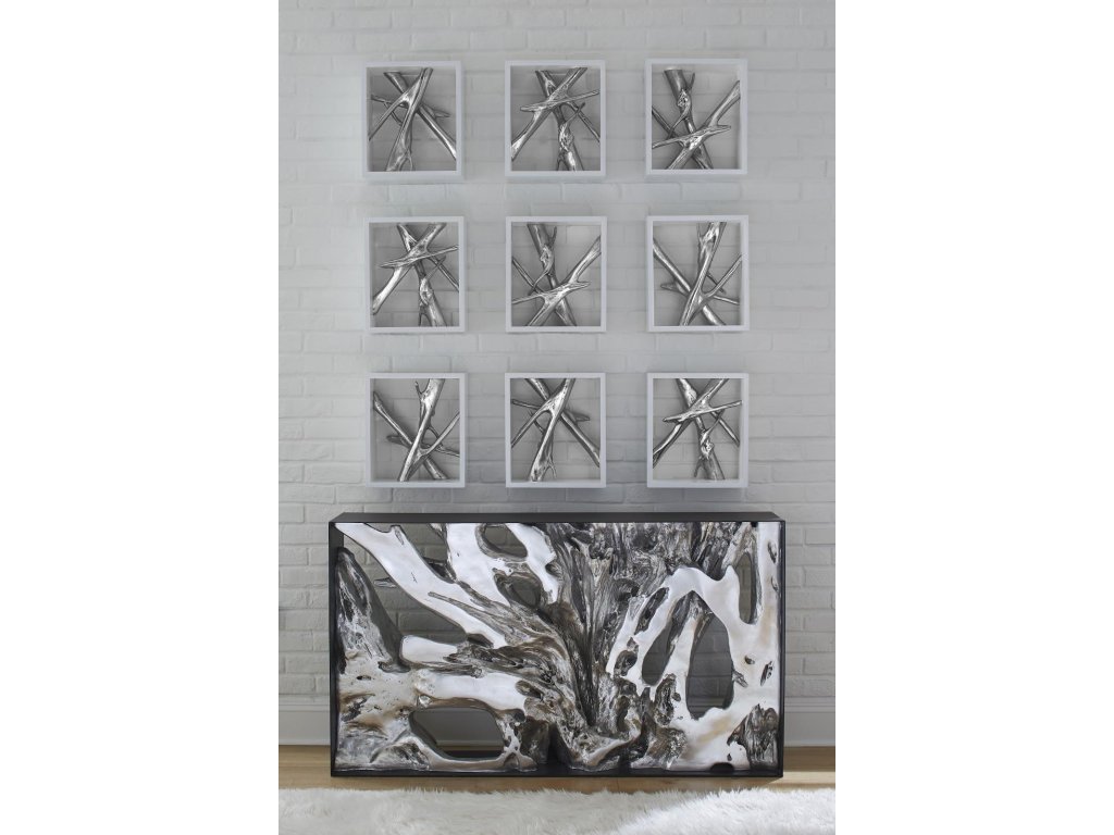 Framed Branches Wall Tile, White, Silver Leaf - image 4