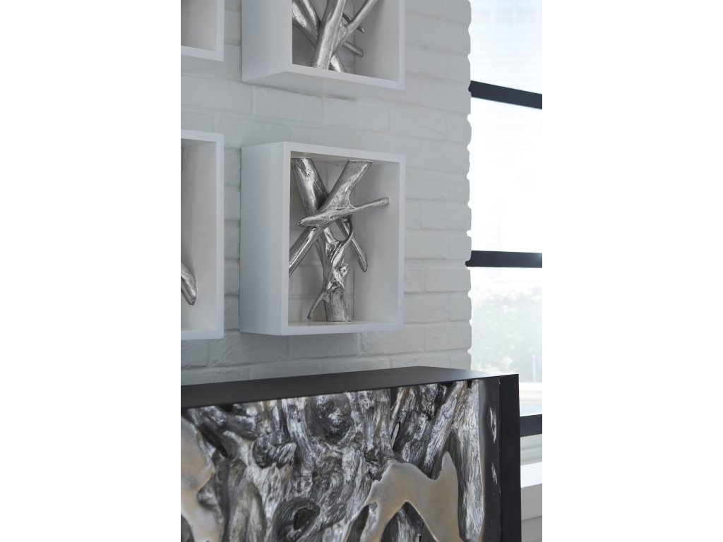 Framed Branches Wall Tile, White, Silver Leaf - image 3