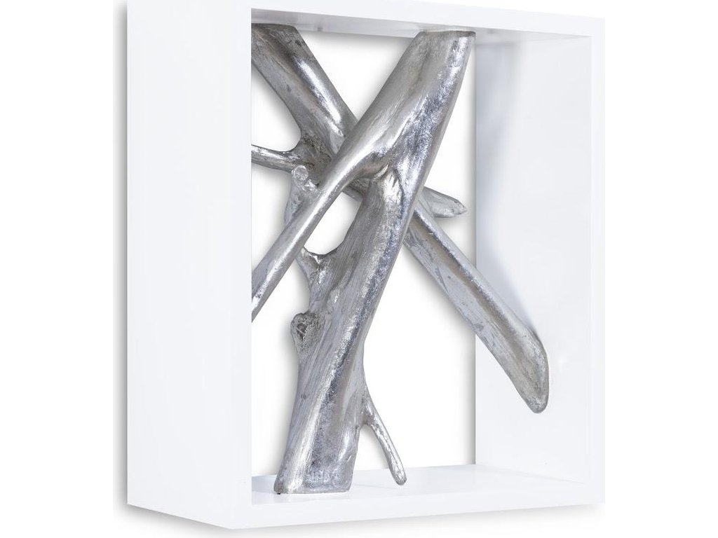 Framed Branches Wall Tile, White, Silver Leaf - image 1