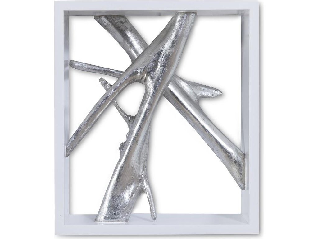 Framed Branches Wall Tile, White, Silver Leaf - main image