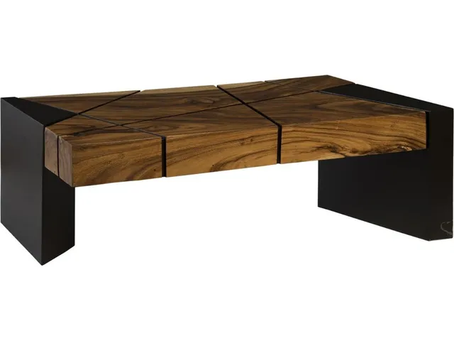 Criss Cross Coffee Table on Black Iron Legs, Chamcha Wood