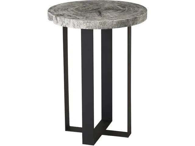 Chuleta Bar Table on Black Metal Base, Chamcha Wood, Gray Stone