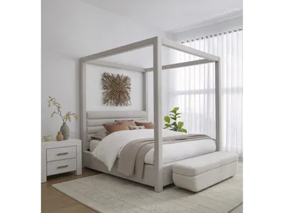 Rockford Upholstered Canopy Bed in Turtle Dove Linen
