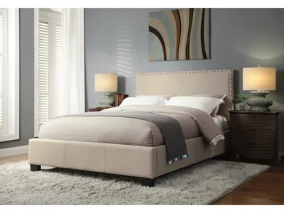 Tavel Nailhead Upholstered Platform Bed in Toast Linen