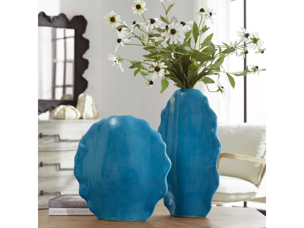 Ruffled Feathers Vases, Blue, S/2 - image 1