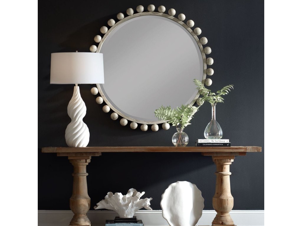 Cyra Wood Round Mirror, Aged Ivory - image 1