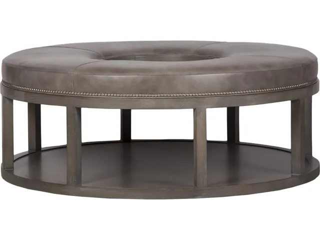 Wayland Leather Round Wood Ottoman