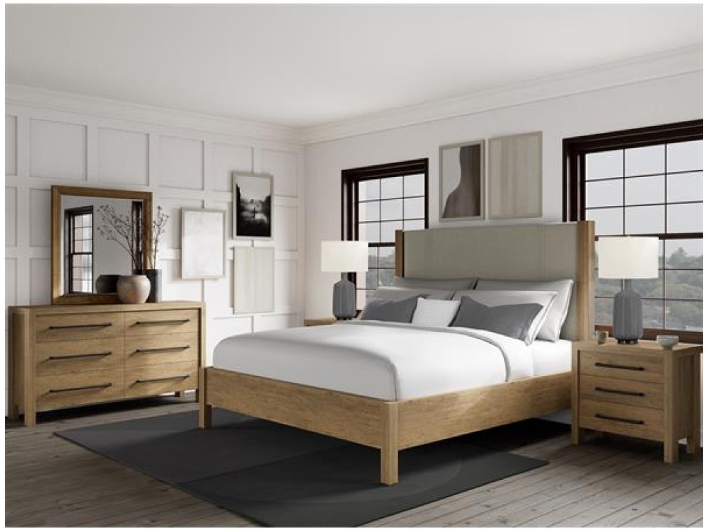 Queen Upholstered Bed- Pale Oak & Linen - image 5