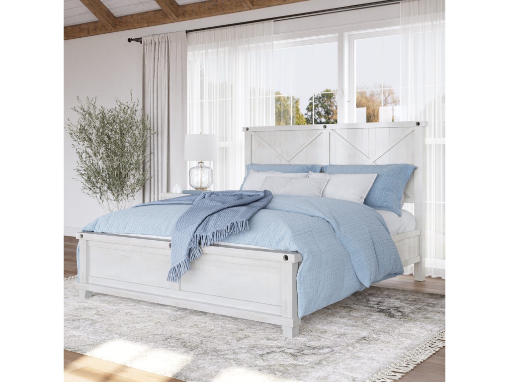 Yosemite Solid Wood Panel Bed in Rustic White - main image